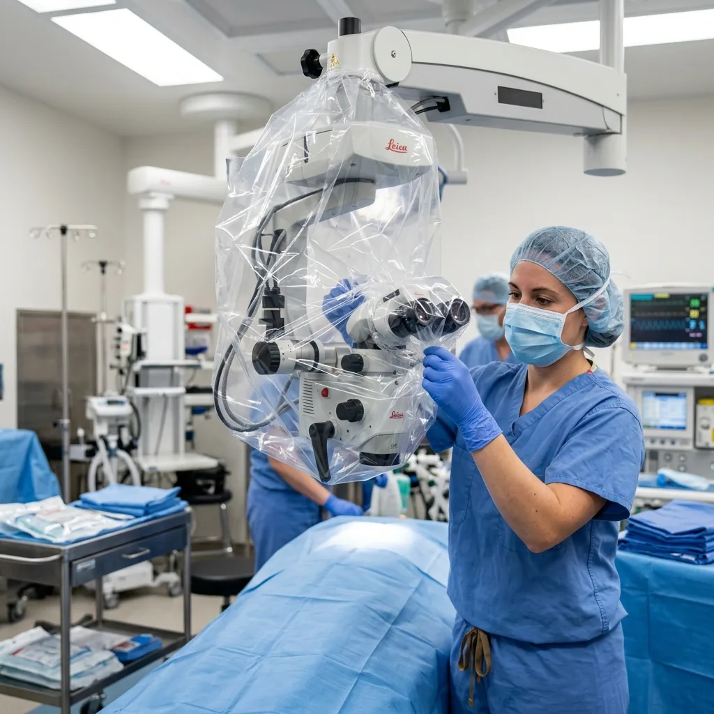 Operating room nurse applying sterile protective drape cover to surgical operating microscope head.