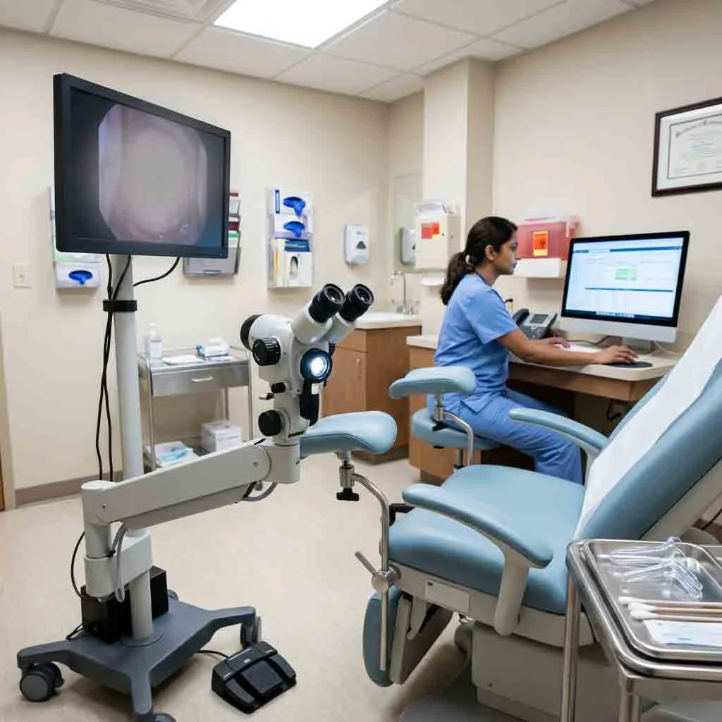 Female healthcare professional reviewing digital colposcopy imaging data on a desktop computer in a clinic.