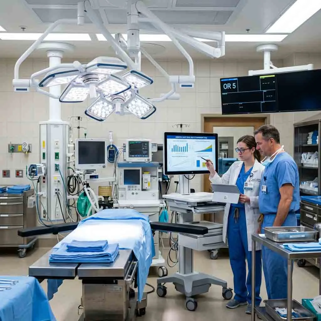 Medical staff reviewing digital clinical data on a mobile workstation under operating room surgical lights.