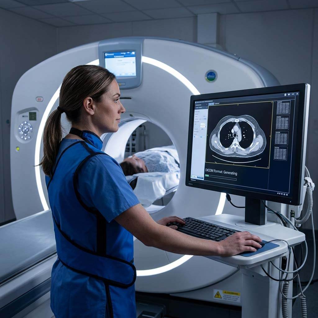 Female radiology technician processing DICOM chest scan on computer terminal next to CT scanner.