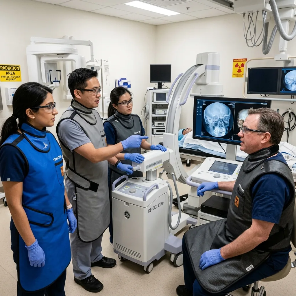 Medical team wearing lead aprons reviewing a fluoroscopy scan.