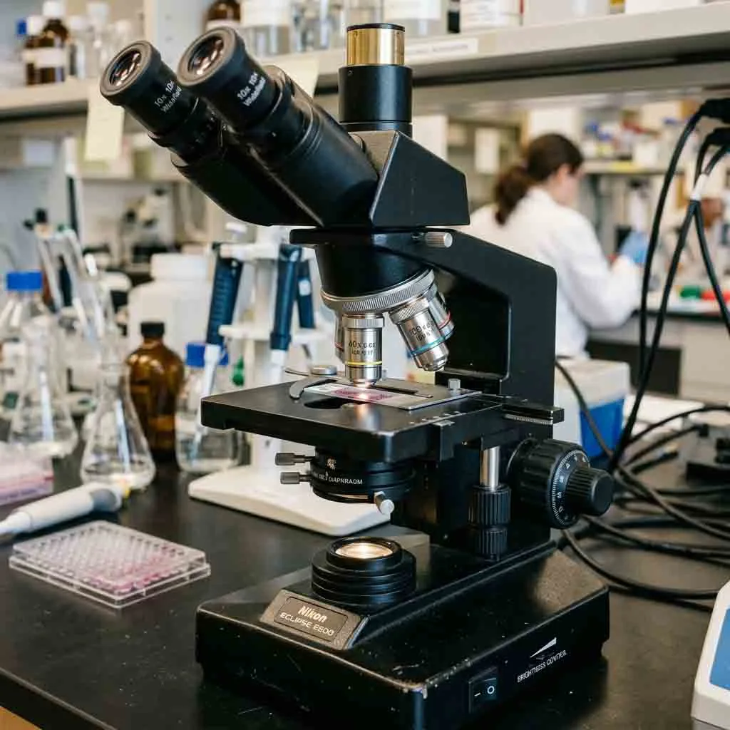 Binocular biological microscope illuminating a sample slide on a laboratory workbench.
