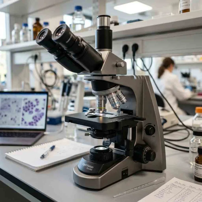 Digital laboratory microscope connected to a laptop displaying cellular imaging.