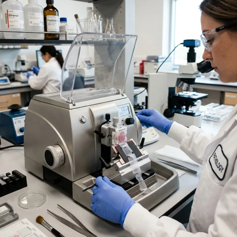 Laboratory technician operating a rotary microtome to slice paraffin-embedded tissue samples.