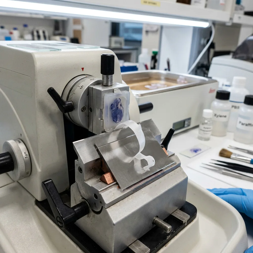 Close-up of a rotary microtome blade cutting a thin tissue section from a paraffin block.