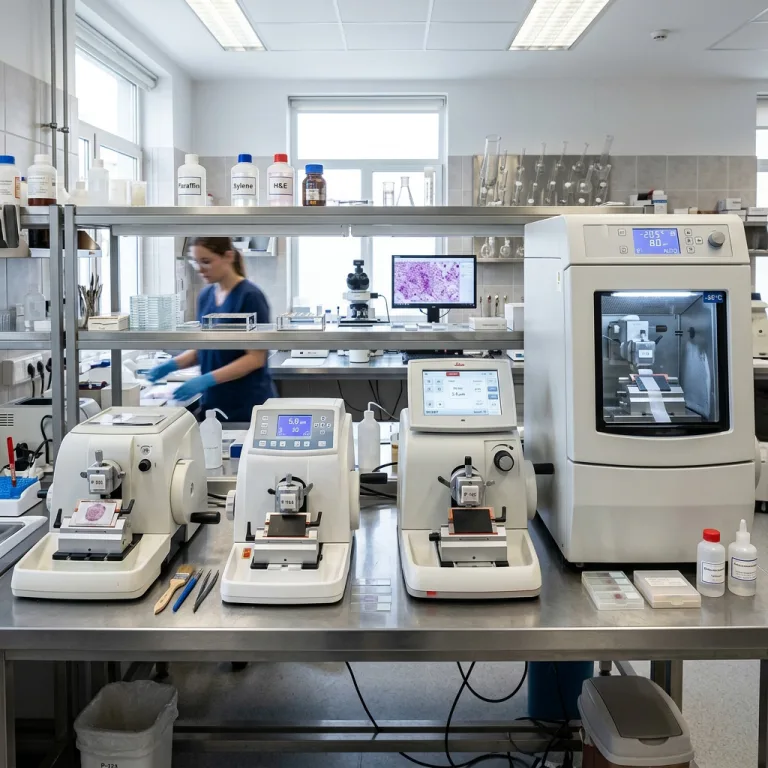 Pathology laboratory workbench equipped with multiple rotary microtomes and a digital cryostat machine.