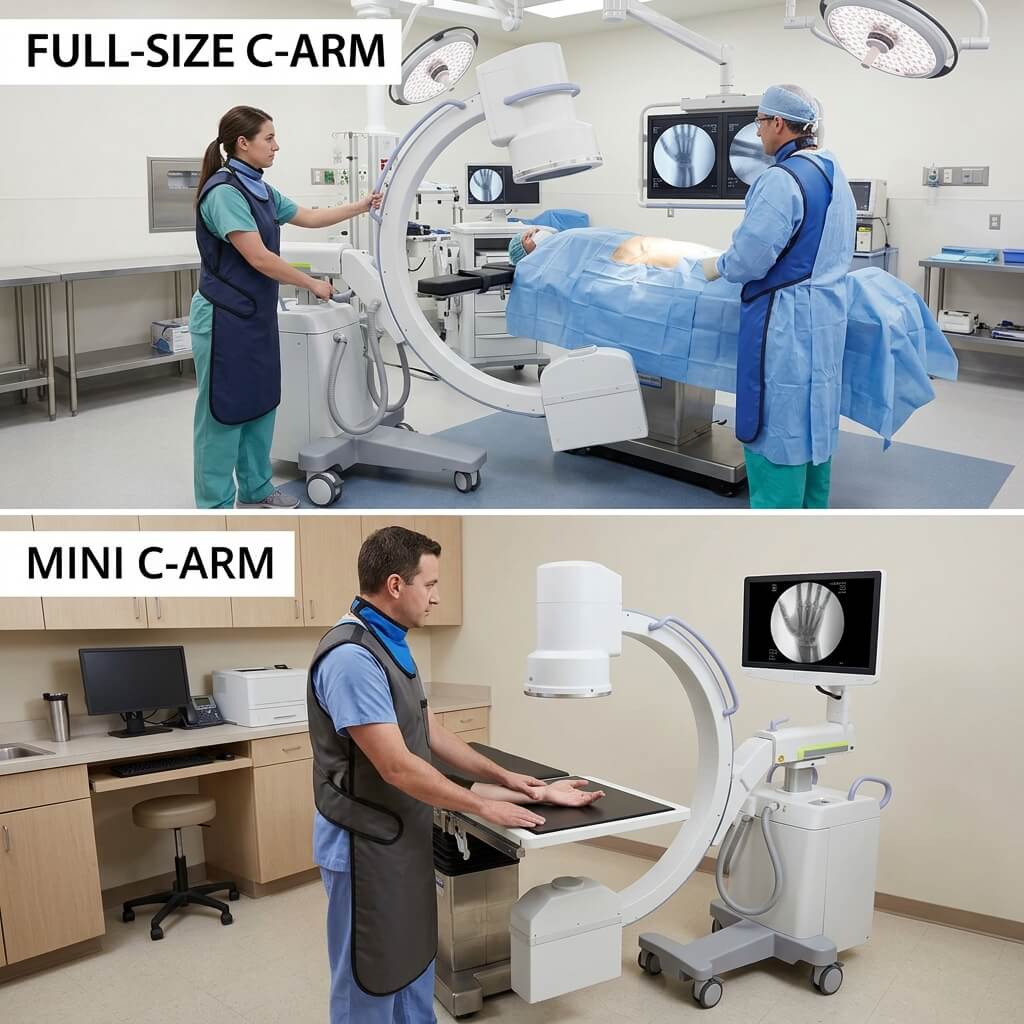 Side-by-side comparison showing full-size surgical C-arm in operating theater versus mini C-arm extremity scanner in clinic.
