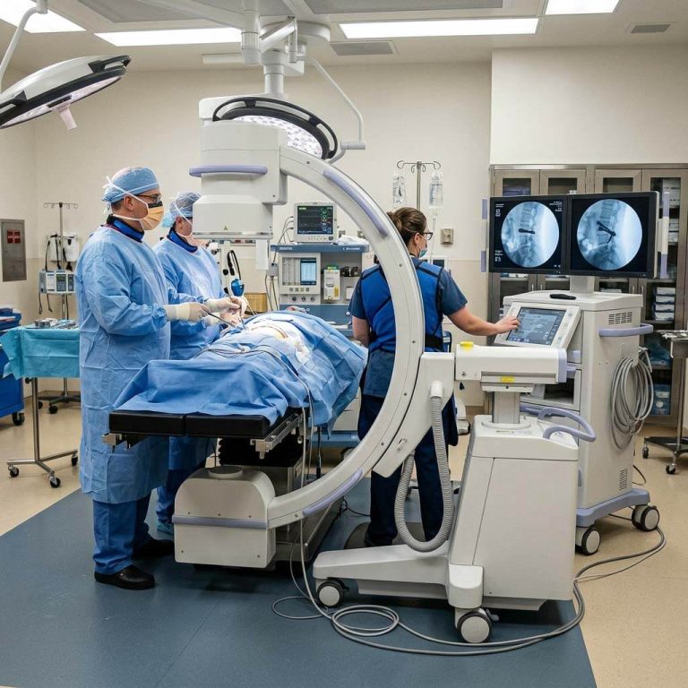 Surgical team using mobile C-arm fluoroscopy system during orthopedic spine procedure in operating room.