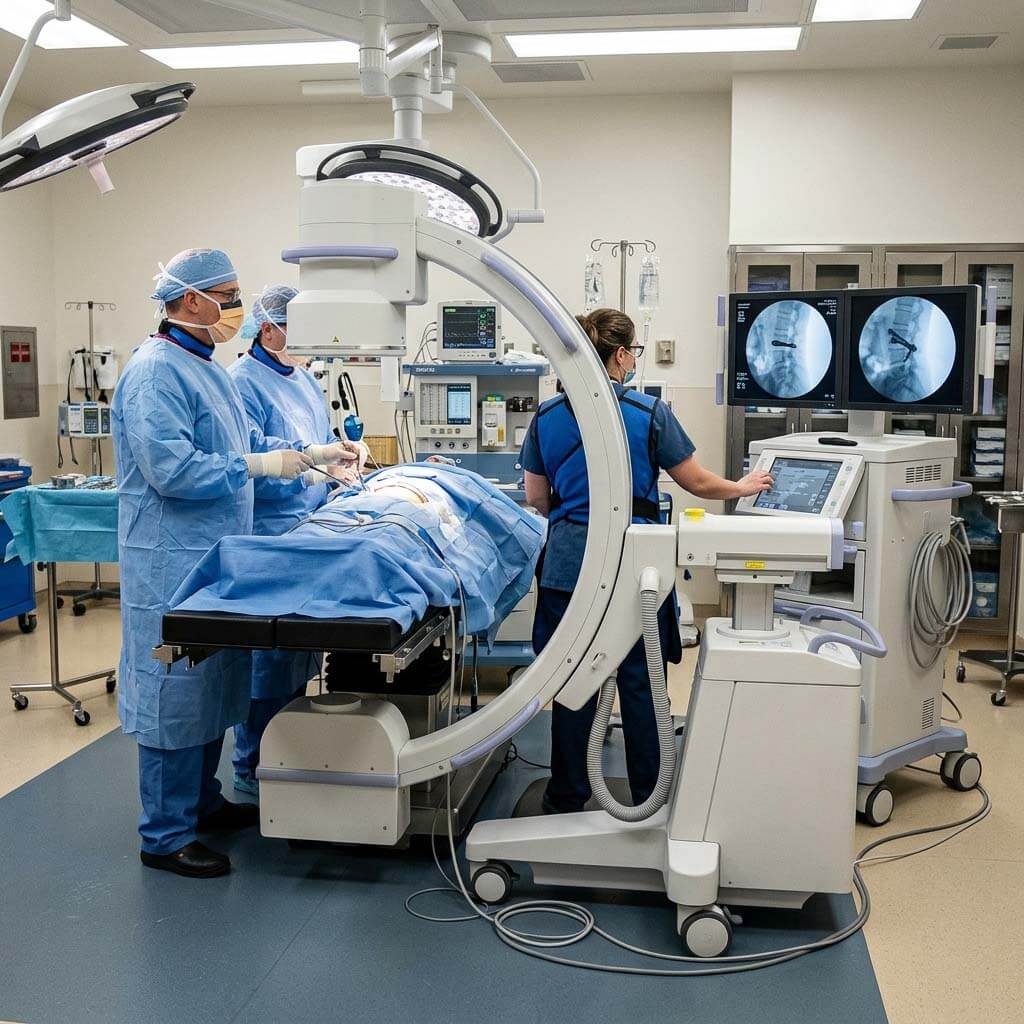 Surgical team using mobile C-arm fluoroscopy system during orthopedic spine procedure in operating room.