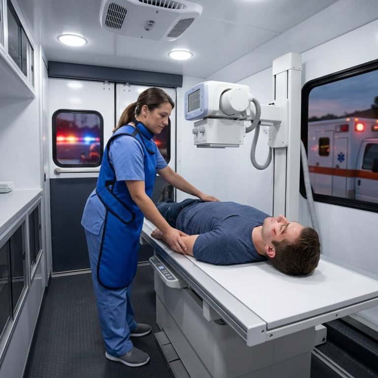 Radiologic technologist positioning emergency patient on digital X-ray table inside mobile medical van.