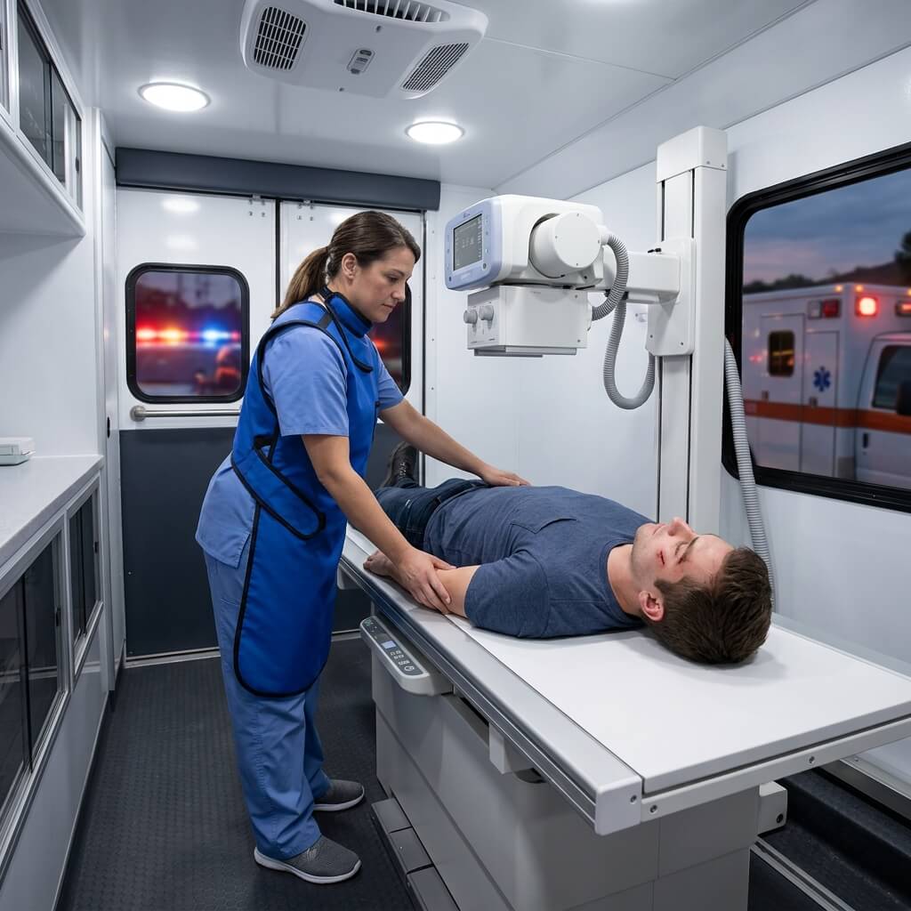 Radiologic technologist positioning emergency patient on digital X-ray table inside mobile medical van.