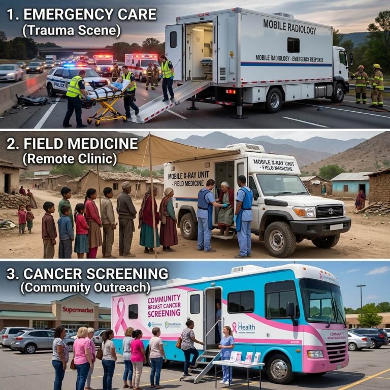 Three-panel collage showing mobile radiology applications in emergency trauma, remote field medicine, and cancer screening outreach.