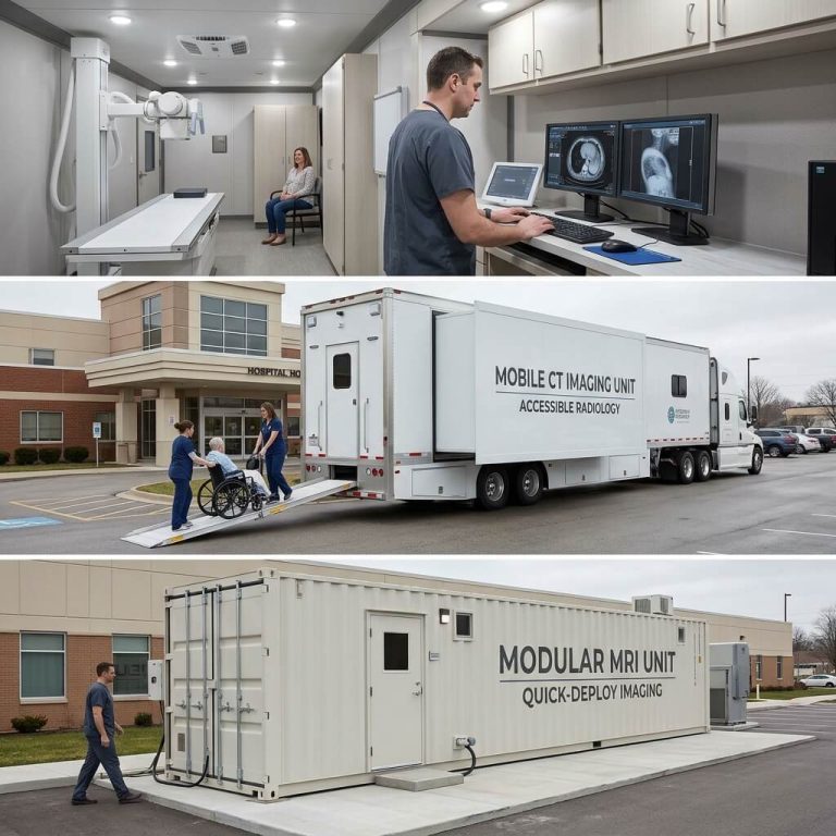 Three-panel overview showing mobile X-ray control room, expandable CT trailer, and containerized modular MRI unit.
