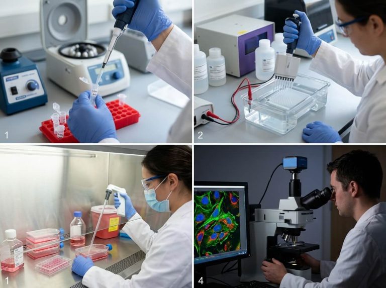 Four-step collage showing molecular biology sample prep, gel loading, cell culture, and microscopy.