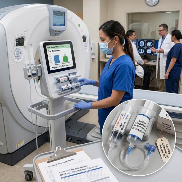Radiologic technologist operating contrast injector with disposable syringes in CT room.