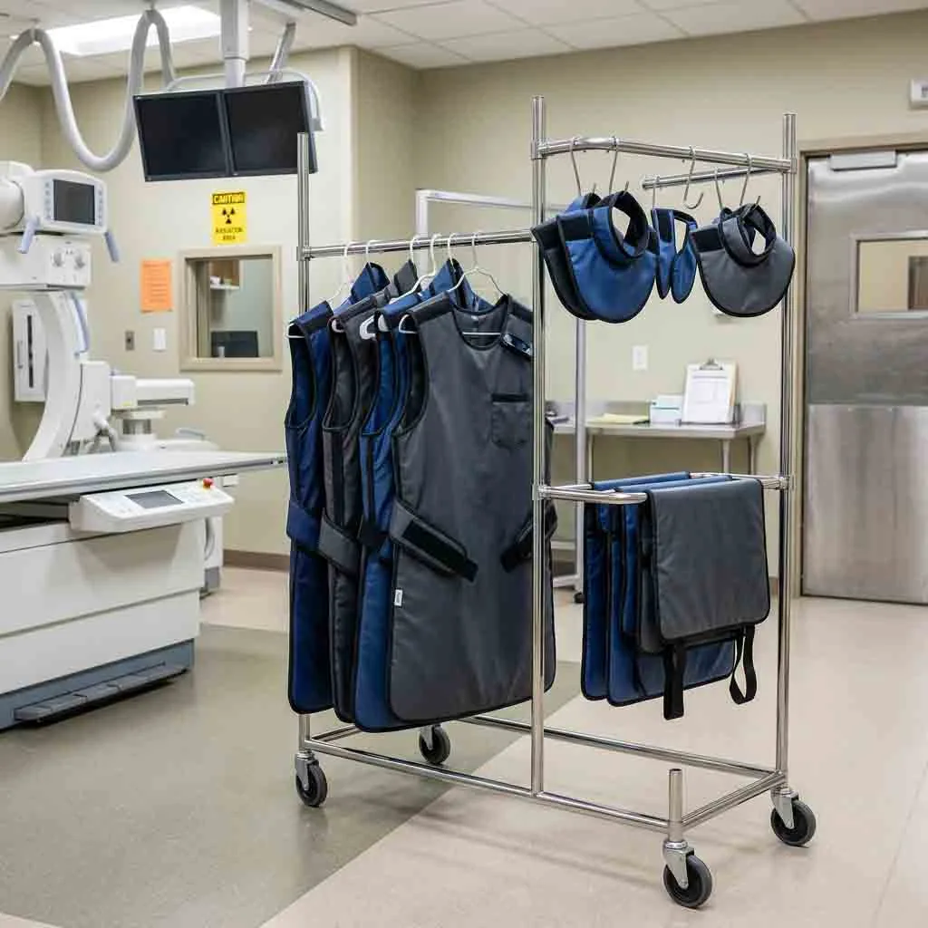 Mobile storage rack holding medical lead aprons and thyroid shields.