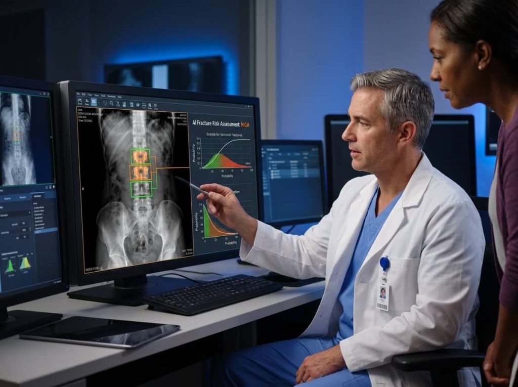 Radiologist reviewing AI spine fracture risk assessment on dual workstation monitors.