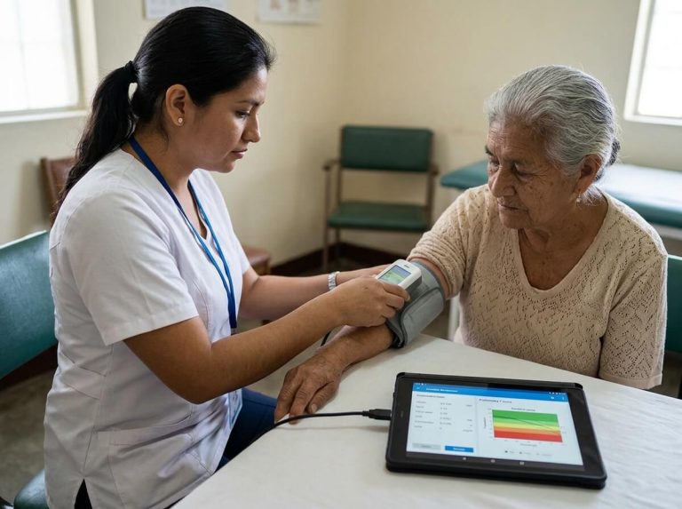 Nurse performing point of care bone density check on elderly patient with tablet display.