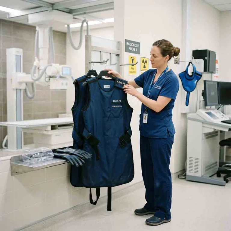 Medical professional organizing lead aprons on a radiology storage rack.