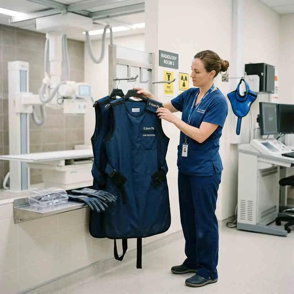 Medical professional organizing lead aprons on a radiology storage rack.