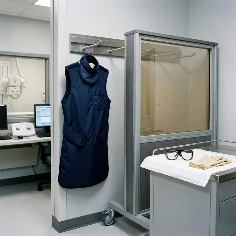 Mobile lead shield and radiation protection apron in a radiology room.