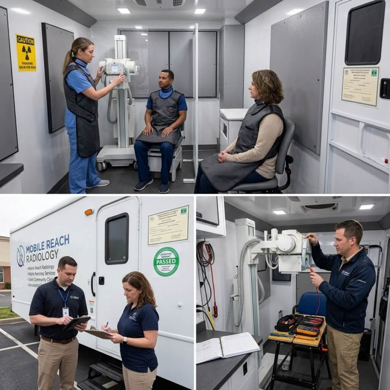 Technologist explaining radiation protection lead aprons and mobile X-ray unit calibration in mobile imaging trailer.
