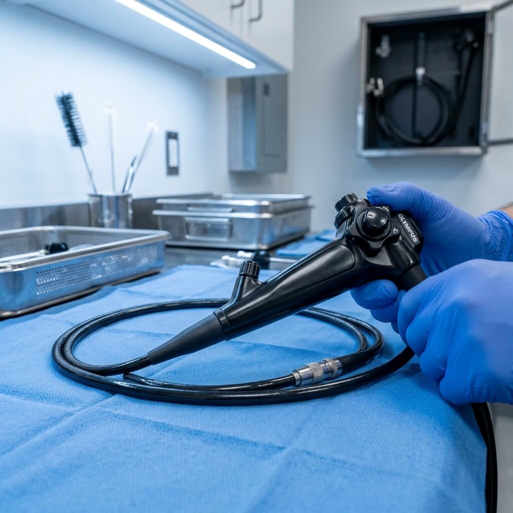 Medical professional holding the control body of a flexible replacement fiberscope.