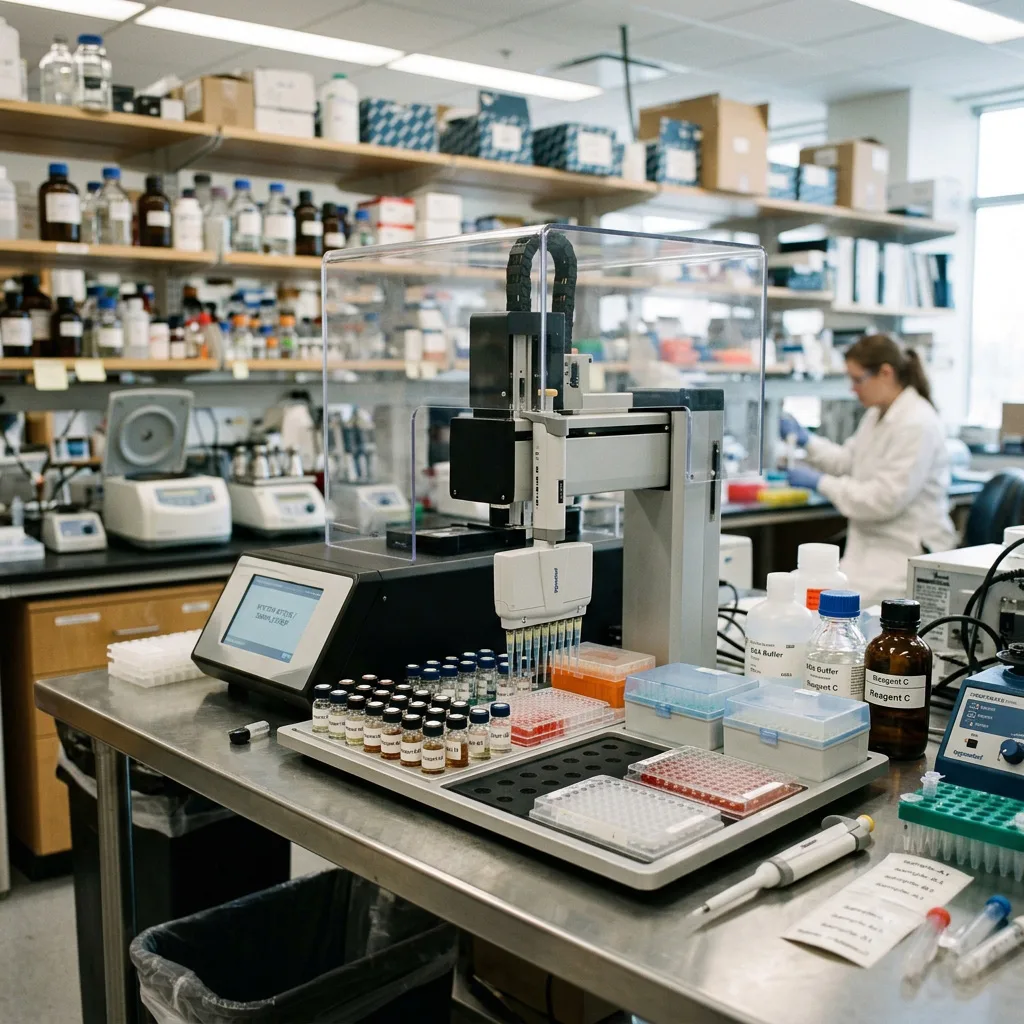 Automated robotic pipetting system dispensing reagents into 96-well microplates on a laboratory workbench.