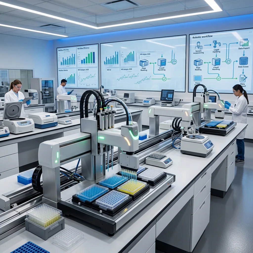 Advanced biomedical laboratory equipped with automated liquid handling robots and large digital dashboards displaying workflow metrics.