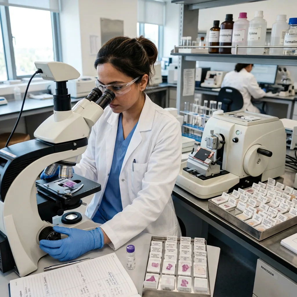 Pathology scientist examining histological slides under a clinical microscope next to a rotary microtome and tissue cassettes.