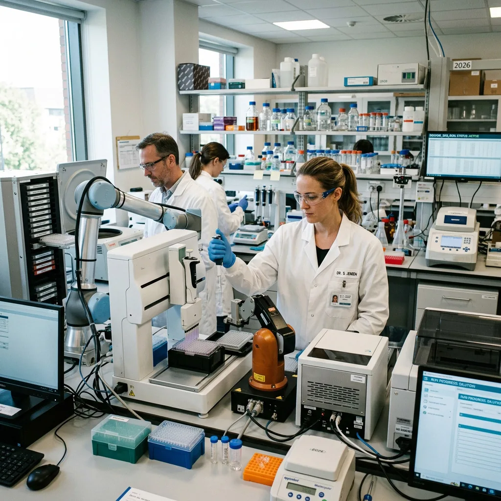 Scientist performing pipetting tasks alongside a collaborative robotic arm handling microplates in a modern lab.