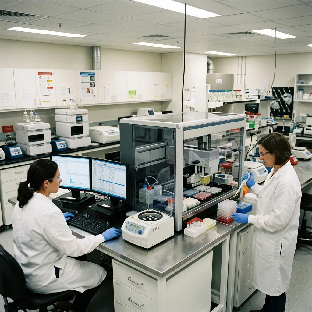 Scientists operating an enclosed automated liquid handling workstation and analyzing research data on computer monitors.