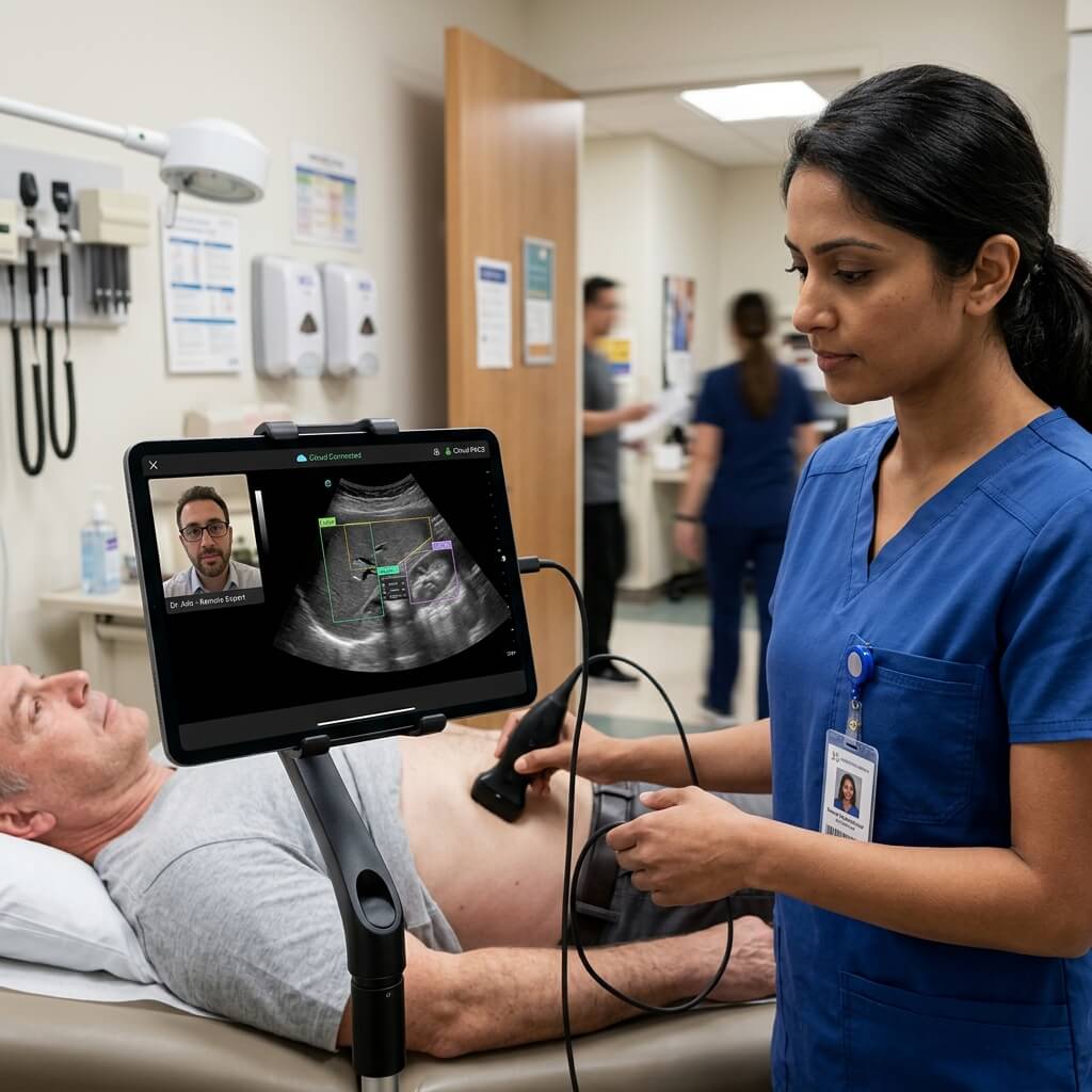 Nurse scanning a patient's abdomen with a handheld ultrasound device connected to a tablet displaying AI diagnostics and a live telehealth consultation.