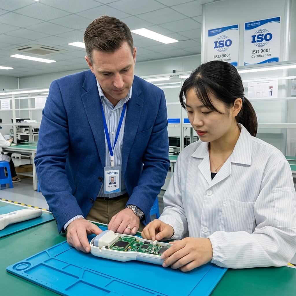 International medical equipment buyer and factory engineer inspecting the internal circuit board of a handheld ultrasound scanner.