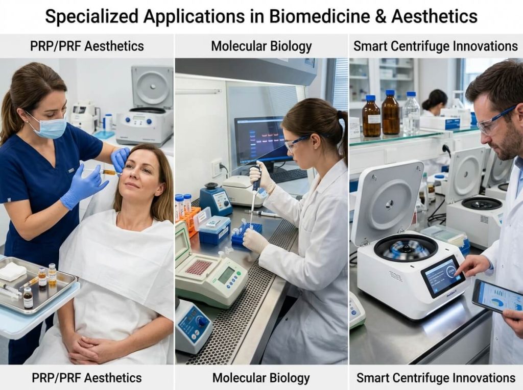 Three-panel graphic showing PRP aesthetics, molecular biology, and smart centrifuge applications.