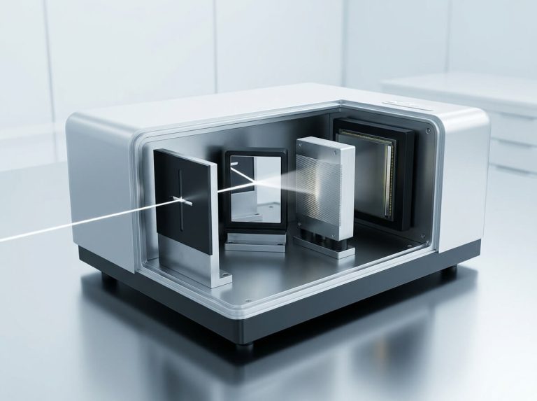 Optical diagram of internal spectrometer components including slit, grating, and sensor array.