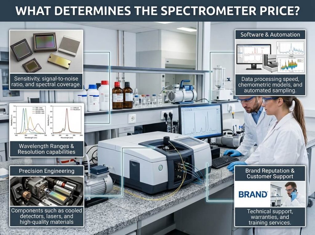 Laboratory procurement manager comparing spectrometer technical specifications on a laptop.