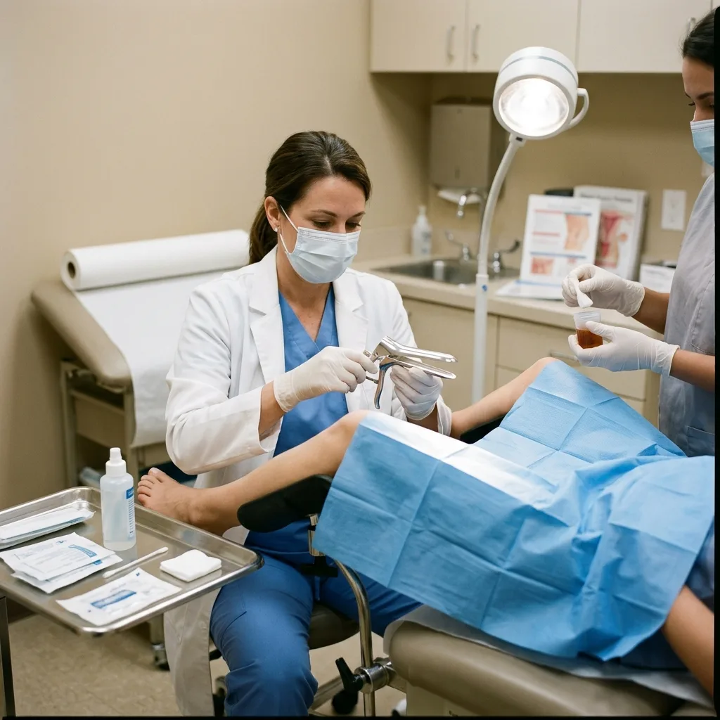 Gynecologist holding sterile vaginal speculum during pelvic examination in clinical exam room.