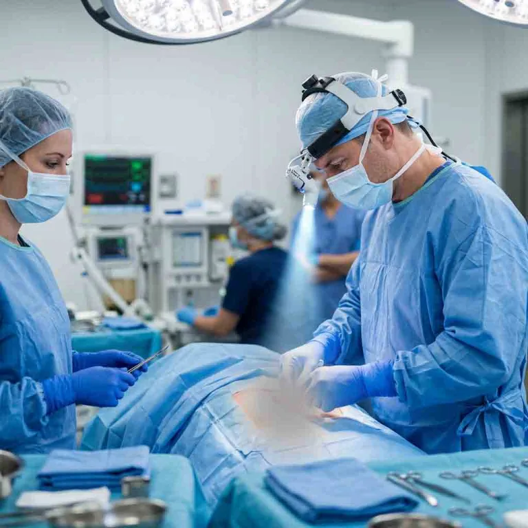 Surgeon using a high-intensity surgical headlamp to illuminate a deep surgical cavity.