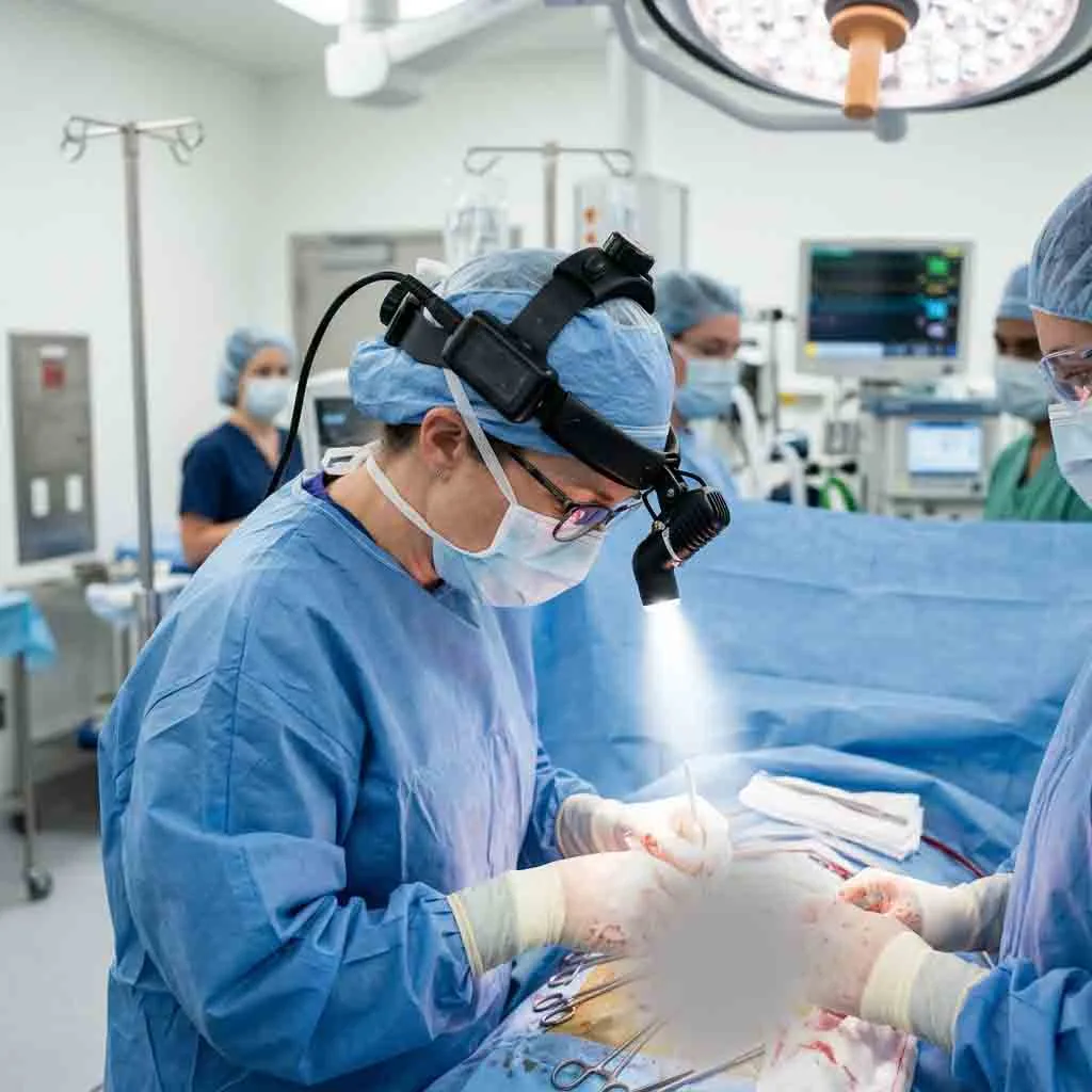 Female surgeon wearing a focused LED surgical headlight during a clinical operation.