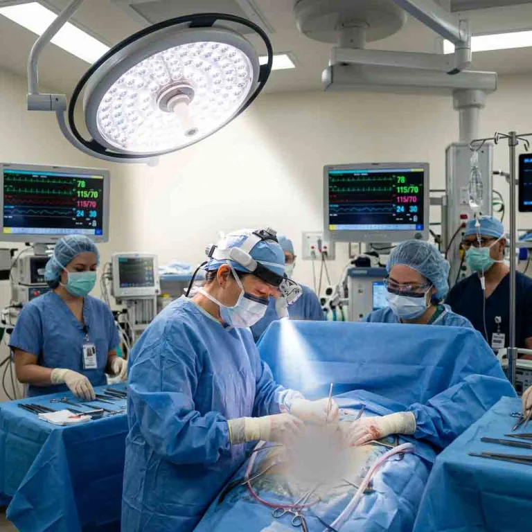 Surgical team performing an operation using a wearable medical headlight and overhead surgical lighting.