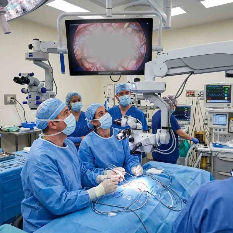 Surgical team reviewing high-resolution medical monitor during microsurgery procedure.