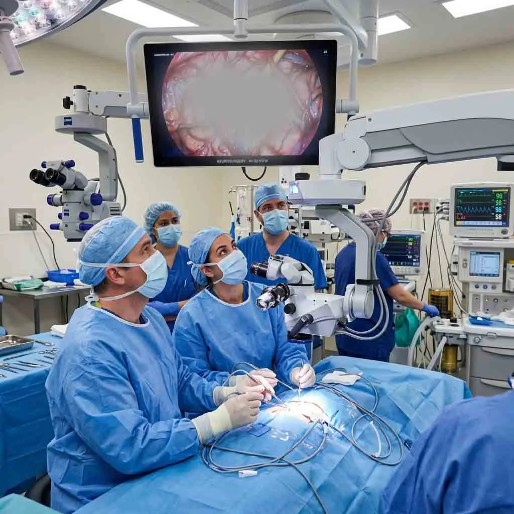 Surgical team reviewing high-resolution medical monitor during microsurgery procedure.