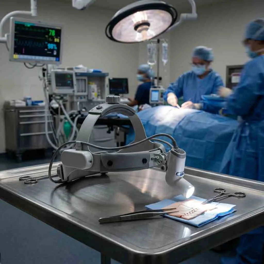 Battery-operated medical surgical headlight resting on a stainless steel tray.