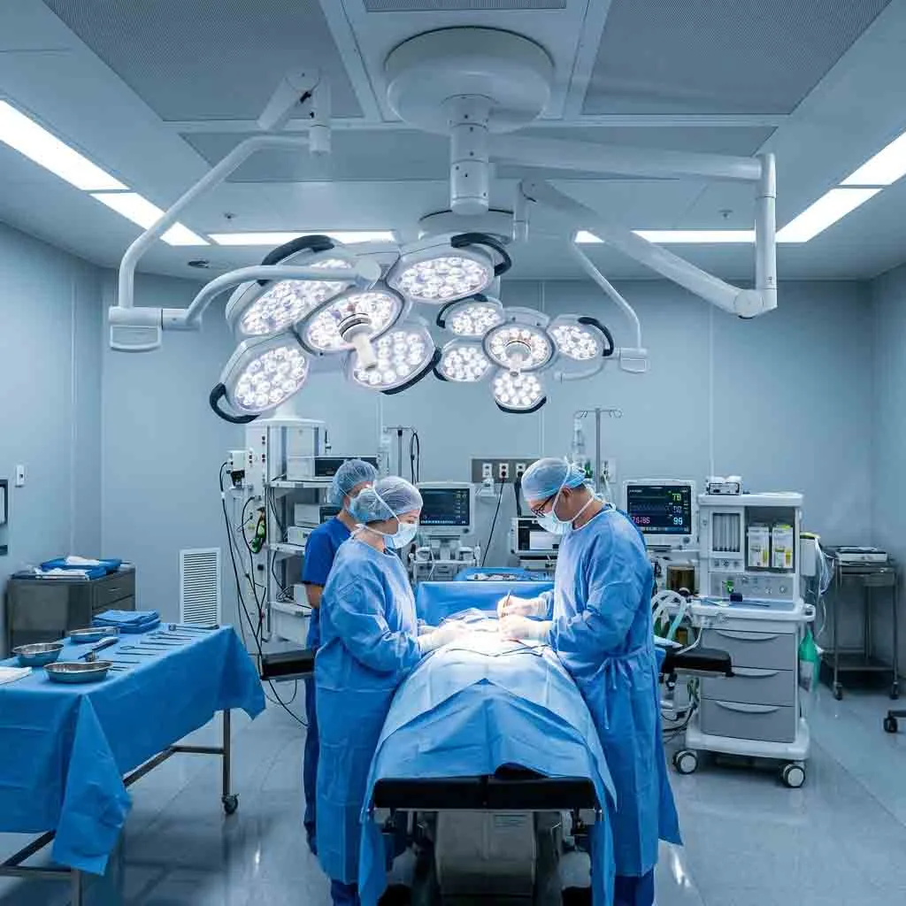 Advanced ceiling-mounted LED surgical lighting system in a sterile operating room.