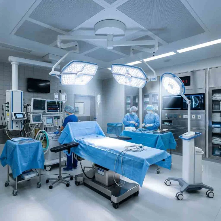 Modern operating room featuring dual ceiling-mounted LED surgical lights during a medical procedure.