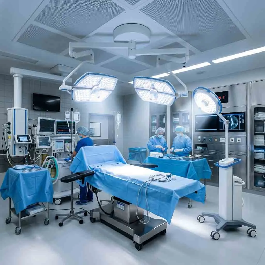 Modern operating room featuring dual ceiling-mounted LED surgical lights during a medical procedure.