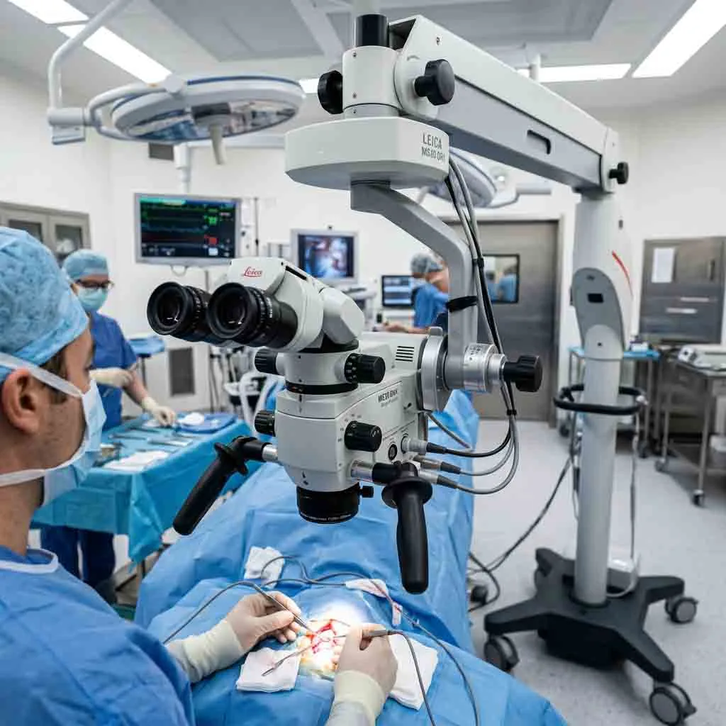 Surgeon performing an operation through a high-precision surgical microscope.