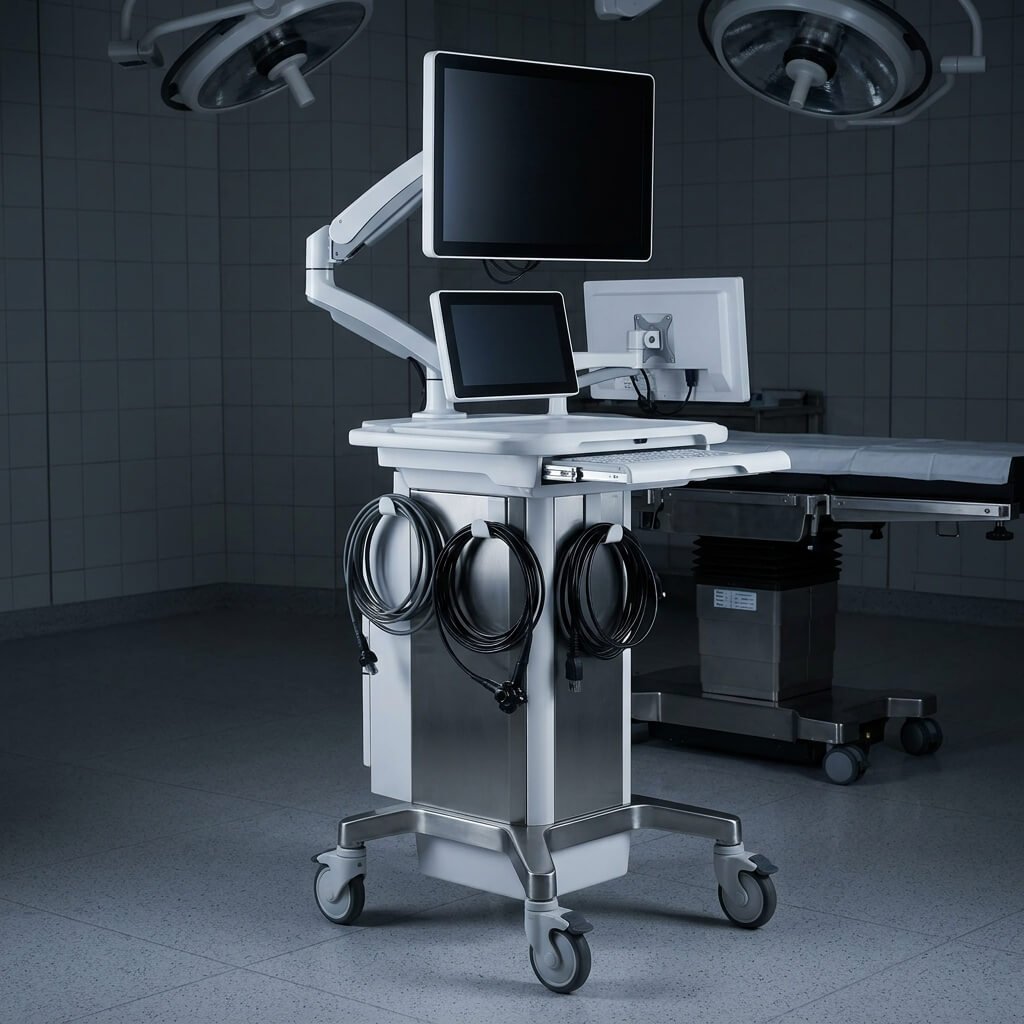 Mobile surgical navigation workstation cart with dual articulating monitor arms and lockable casters.
