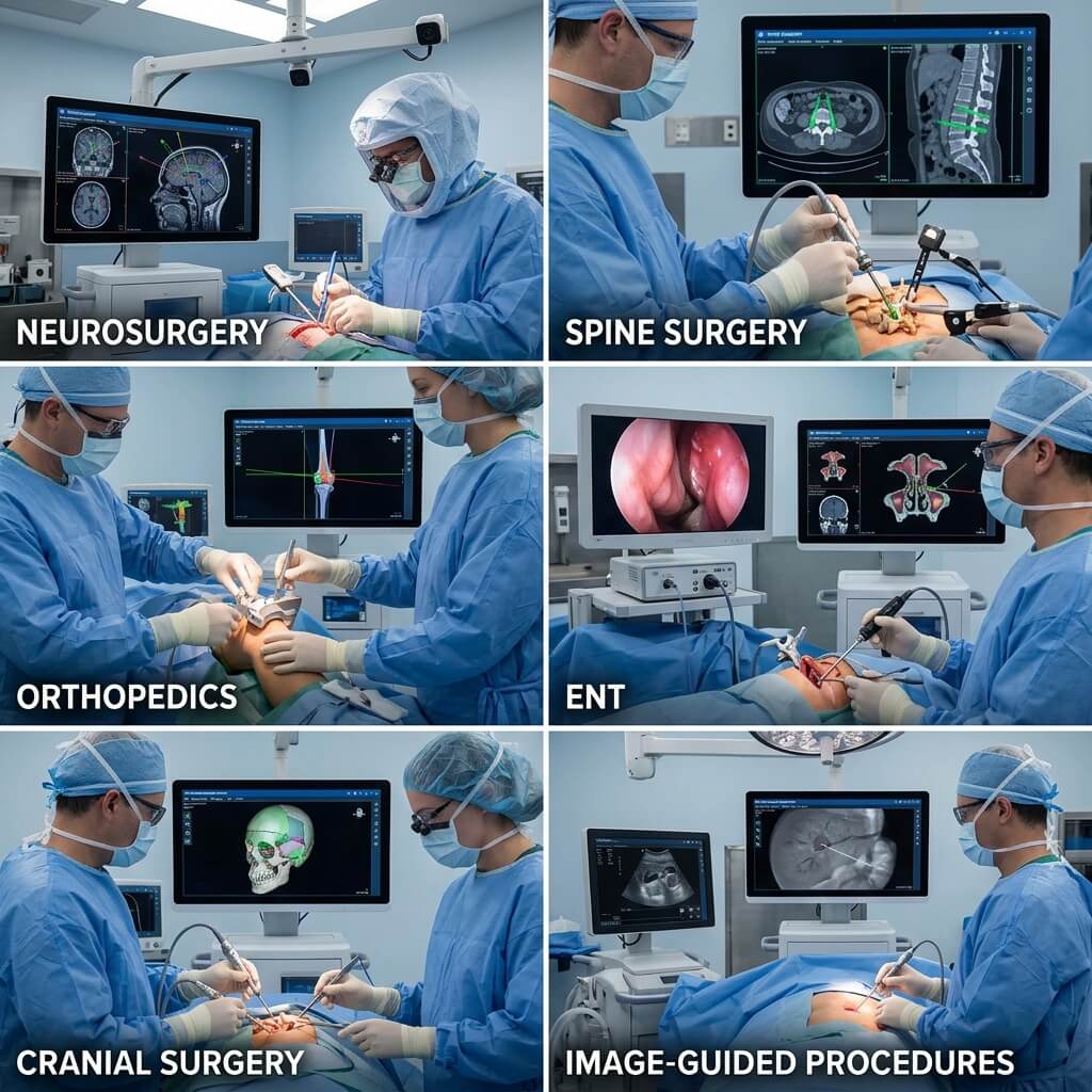 Six-panel collage illustrating surgical navigation system applications in neurosurgery, spine, orthopedics, ENT, cranial, and image-guided procedures.